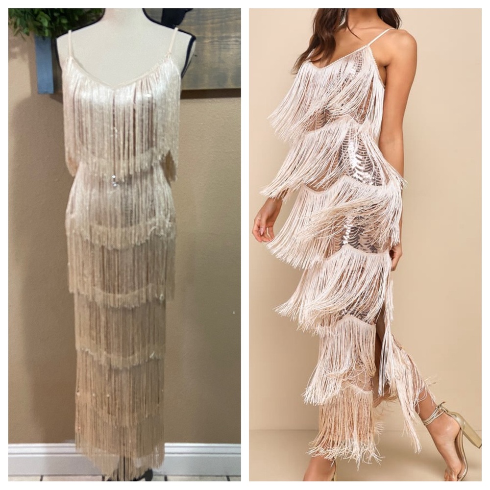 Lulus | Dresses | Nwot Lulus Get In The Groove Champagne Sequin Fringe  Bodycon Maxi Dress